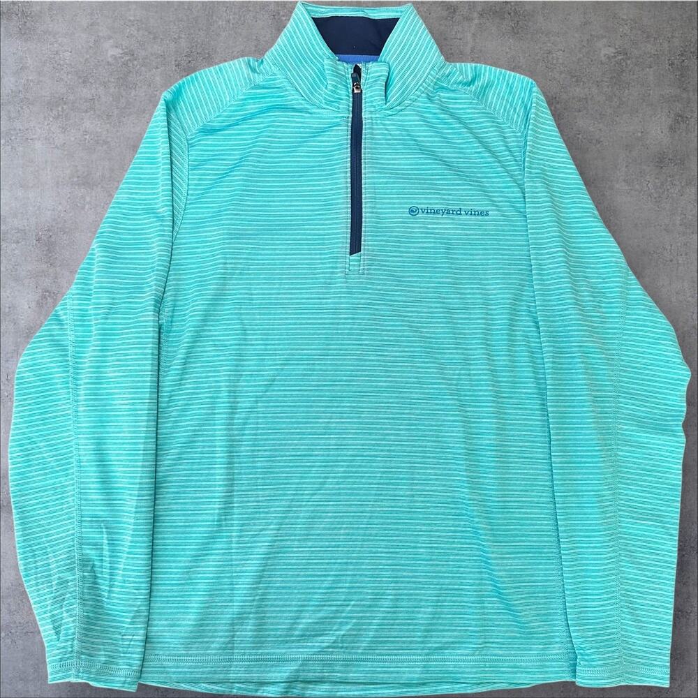 Vineyard Vines Mens L Teal Stripe Quarter Zip Pullover Performance Light Sweater